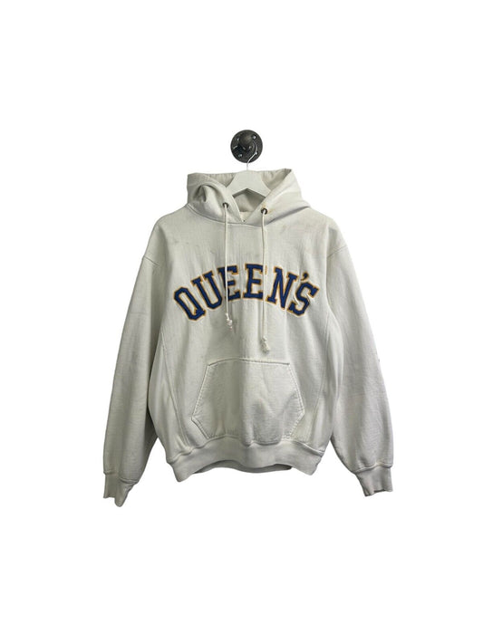 Vintage 90s Queens University Embroidered Spellout Hooded Sweatshirt Size Medium