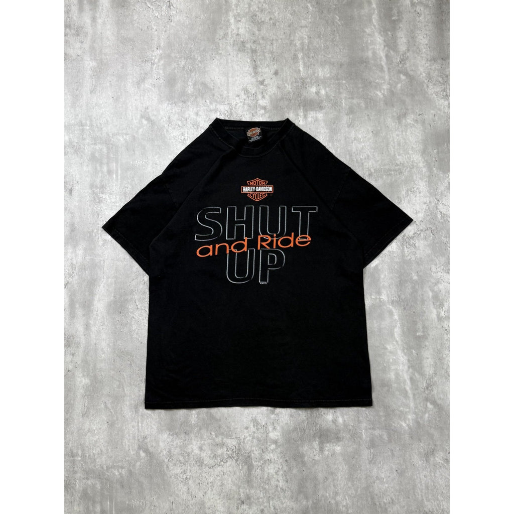 Vintage 2001 Harley Davidson Shut Up And Ride Spellout Graphic T-Shirt Sz Large