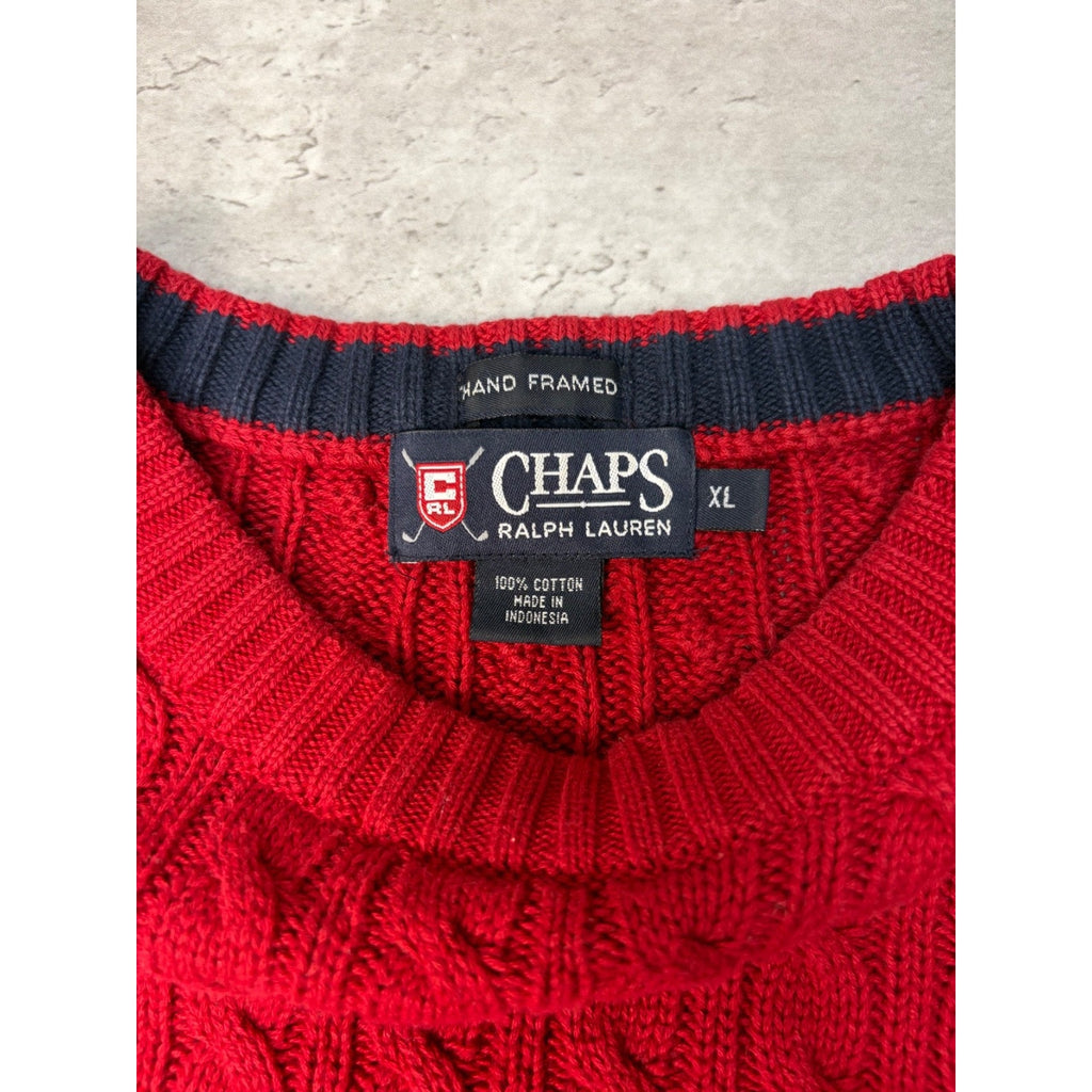 Vintage Chaps Embroidered Crest Pullover Red Cable Knit Sweater Size XL