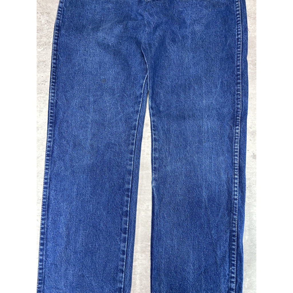Vintage 90s Wrangler Leather Patch Dark Wash Denim Pants Size 29 Blue