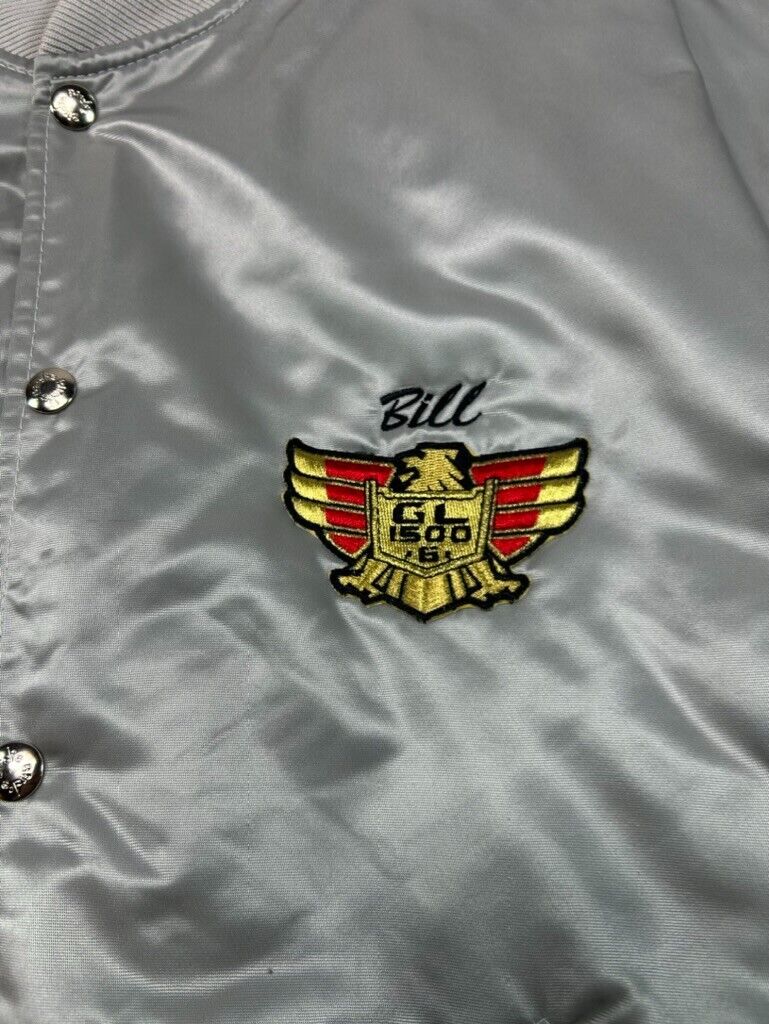 Vintage 80s GL1500 Motorcycle Club Embroidered Satin Bomber Jacket Sz Large Gray