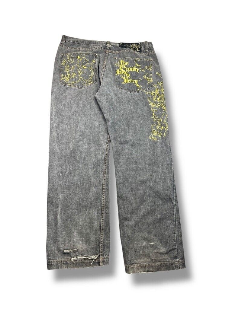 Vintage Y2K Crown Holder Baggy Fit Embroidered Graphic Denim Pants Size 43