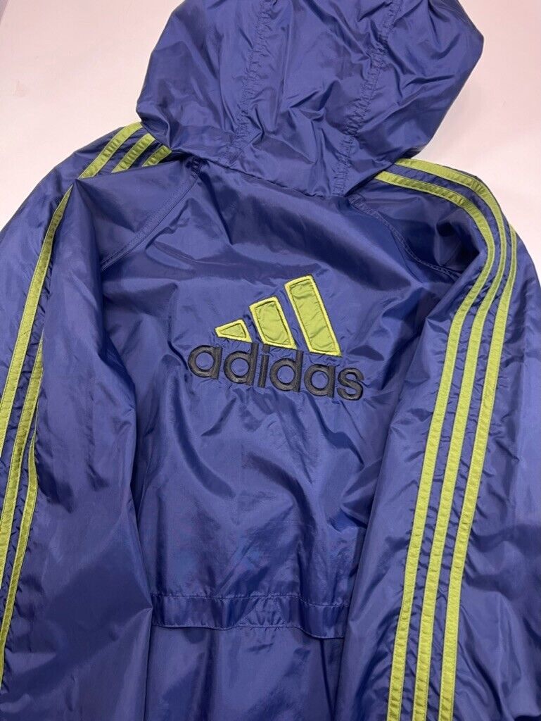 Vintage 90s Adidas Trefoil Three Stripe Windbreaker Hooded Jacket Size XL Blue