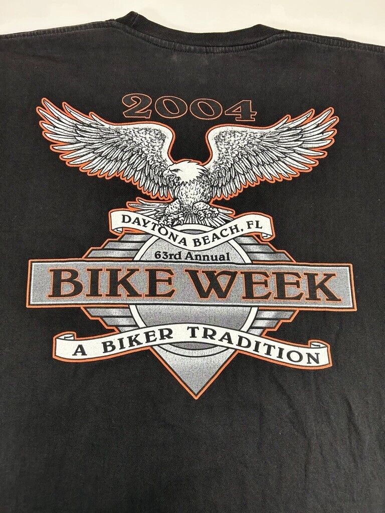 Vintage 2004 Daytona Bike Week Bald Eagle Flame Graphic T-Shirt Size 2XL Black