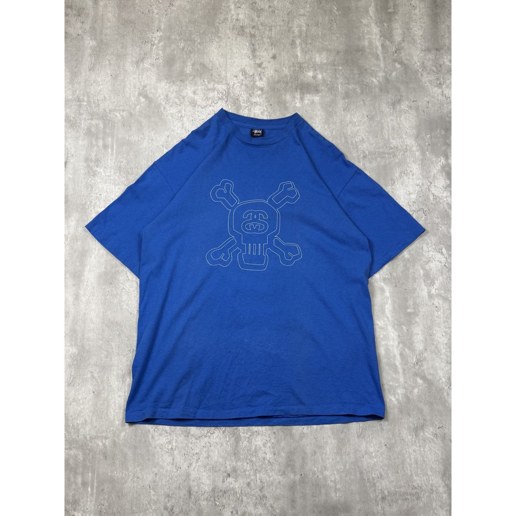 Vintage Stussy Skull Stitch Graphic Blue T-Shirt Size XL