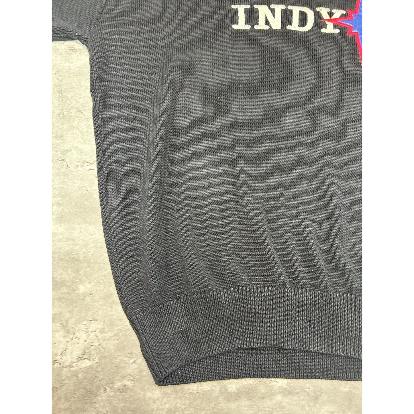 Vintage 90s Indy Embroidered Spellout Ribbed Knit Sweater Size XL Black