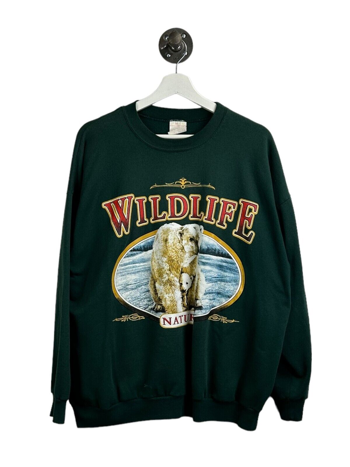 Vintage 90s Wildlife Nature Polar Bear Big Graphic Sweatshirt Size XL Green