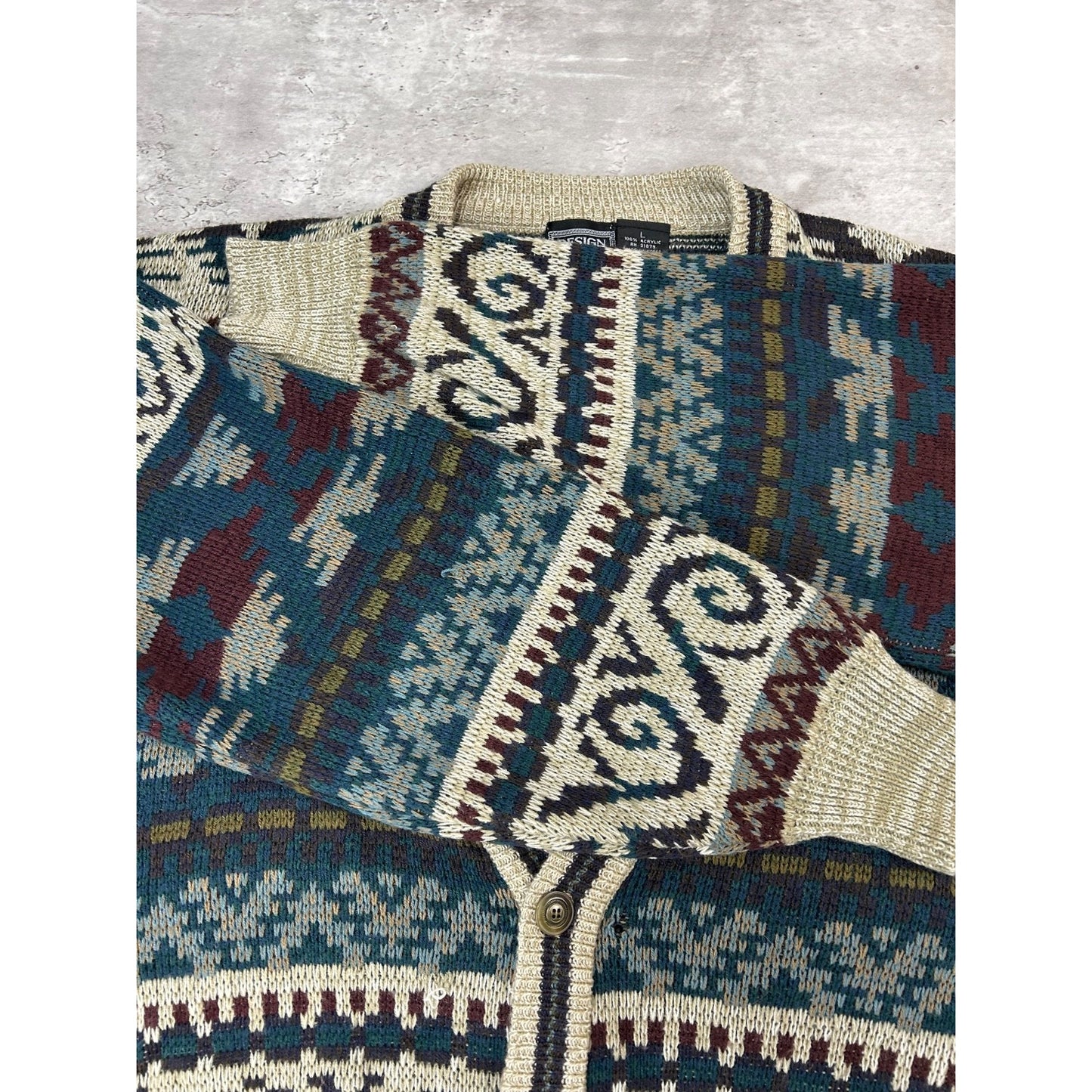 Vintage 90s Design Crew Abstract Striped Knit Cardigan Sweater Size Large