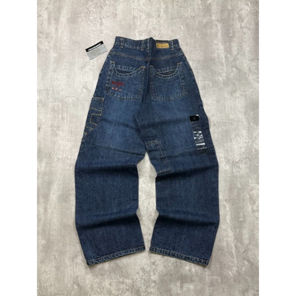 Vintage Y2K Womens Rocawear La Familia Embroidered Medium Wash Denim Pants 26x29