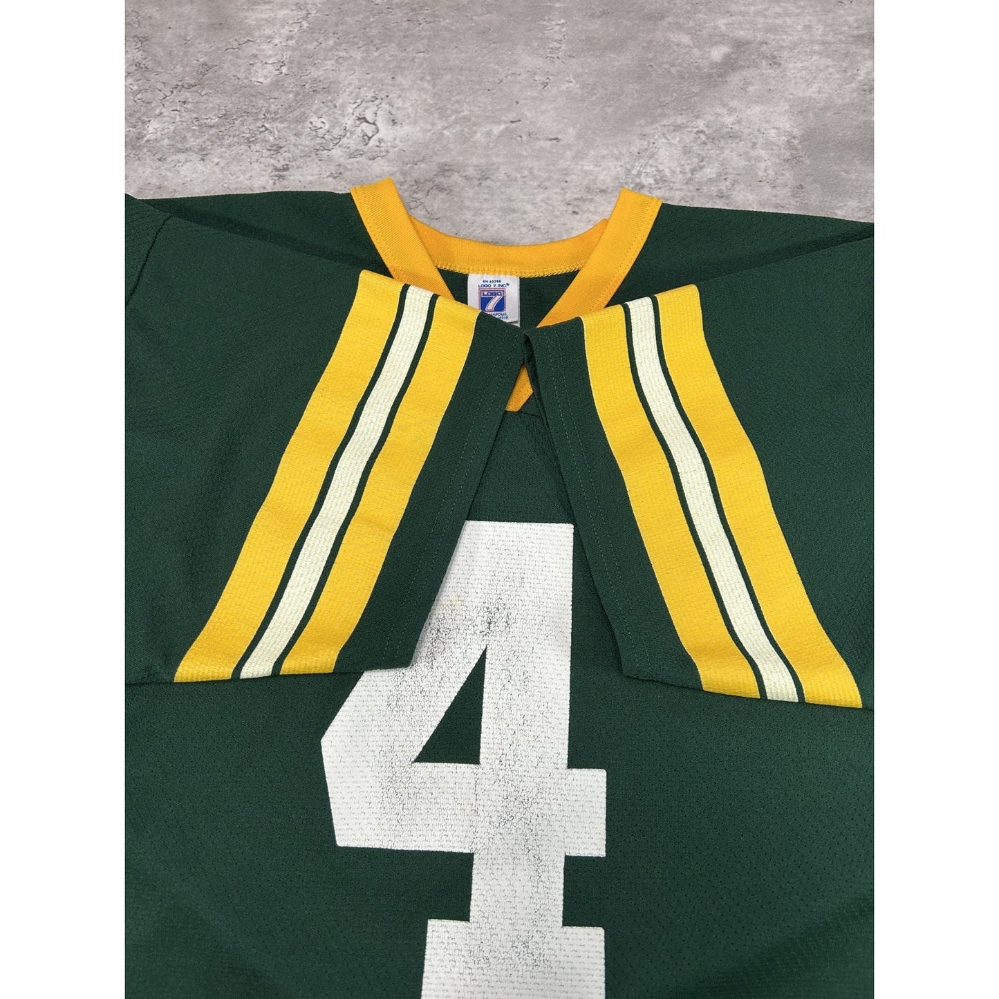 Vintage 90s Brett Favre #4 Green Bay Packers NFL Logo 7 Jersey Size Large Green