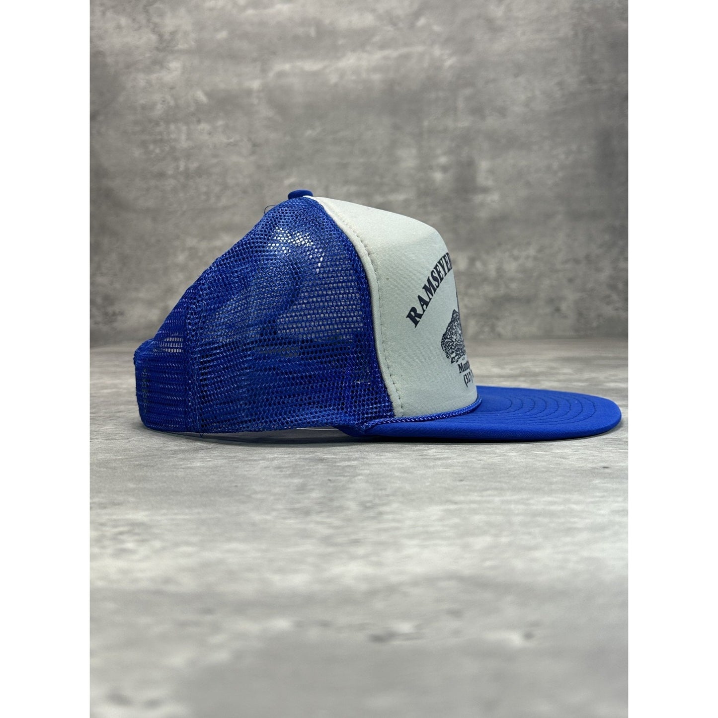 Vintage 80s Ramseyer Excavating Graphic Spellout Trucker Snapback Hat OSFA