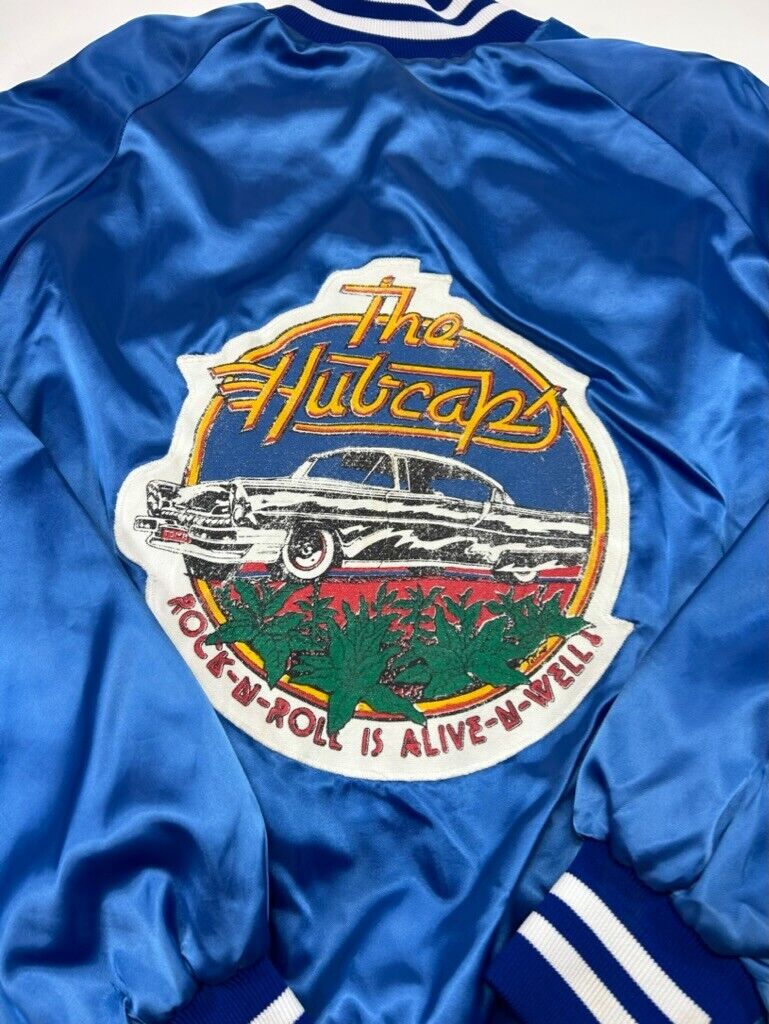 Vintage 80s The Hubcaps Rock N' Roll Car Satin Bomber Jacket Size Large Blue