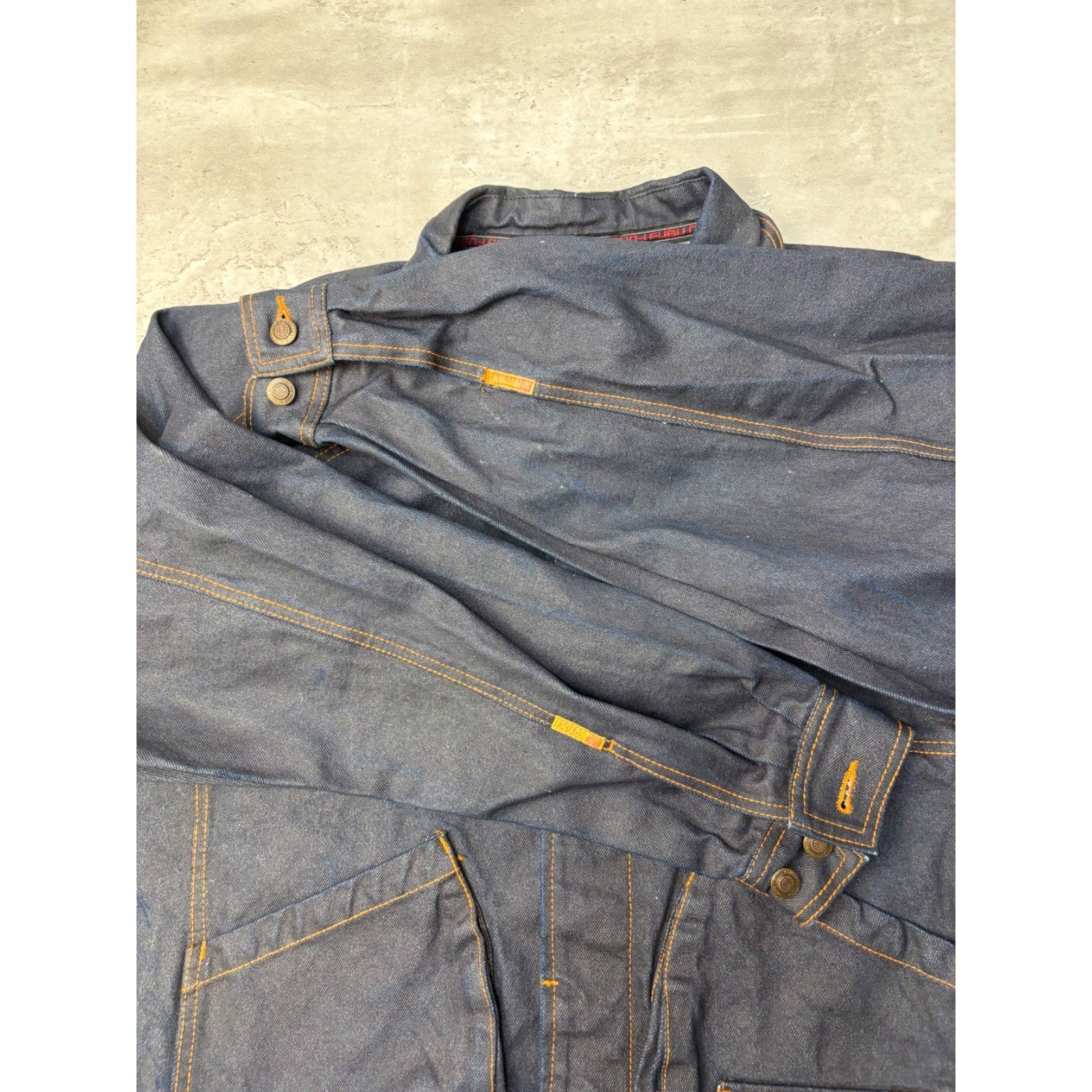 Vintage Y2K Fubu Contrast Embroidery Dark Wash Waxed Denim Jacket Size XL