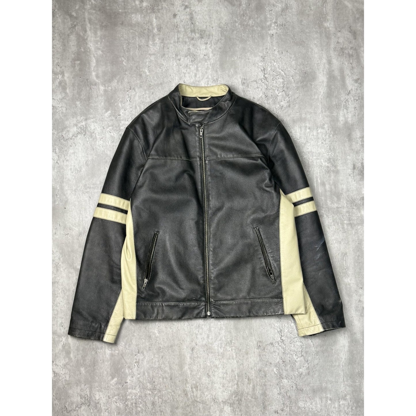 Vintage Danier Two Tone Full Zip Leather Cafe Racer Jacket Size XL