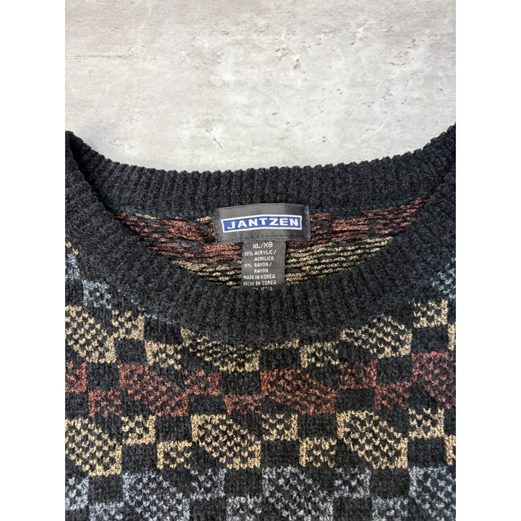 Vintage 90s Jantzen Abstract Checkered Print Pullover Knit Sweater Size XL