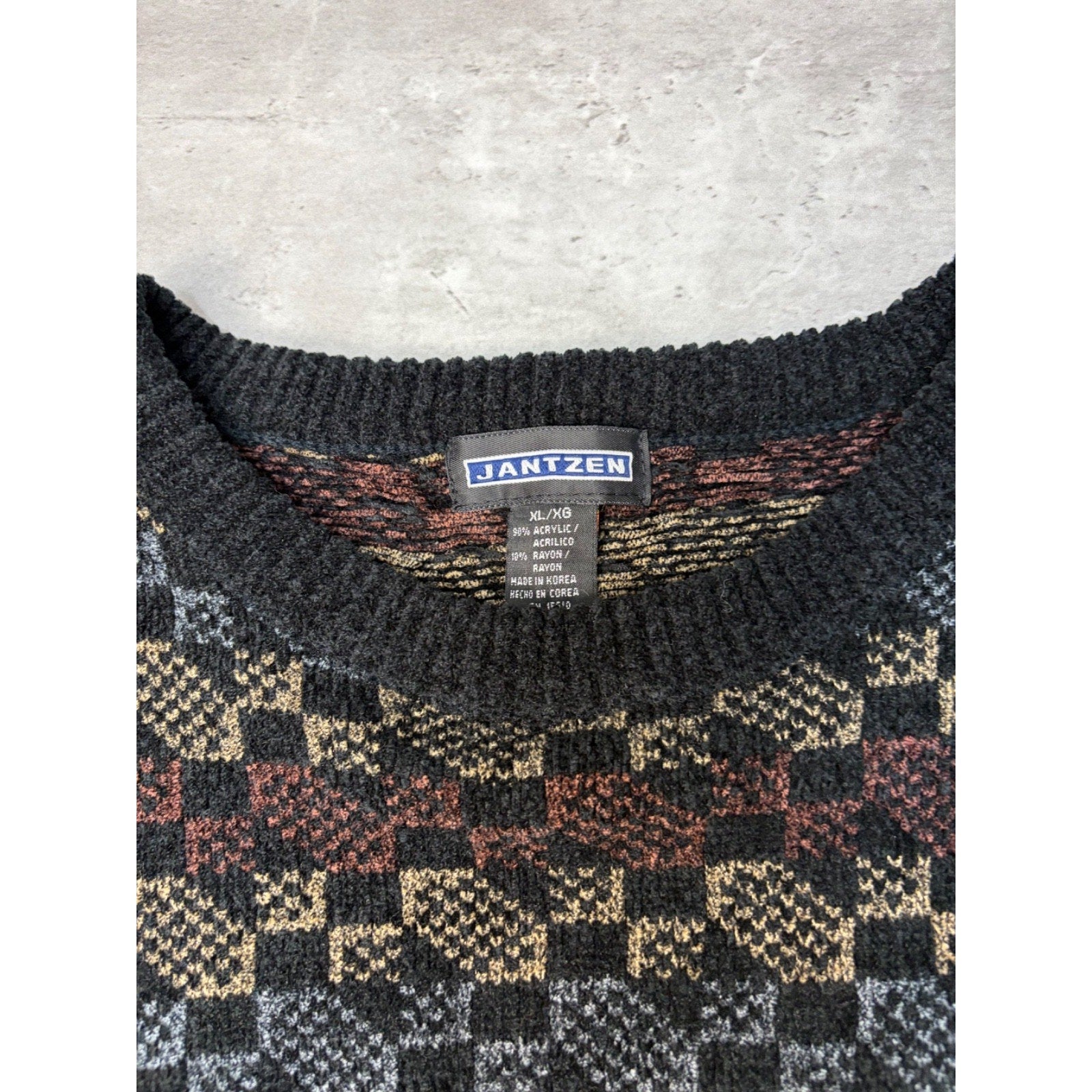 Vintage 90s Jantzen Abstract Checkered Print Pullover Knit Sweater Size XL