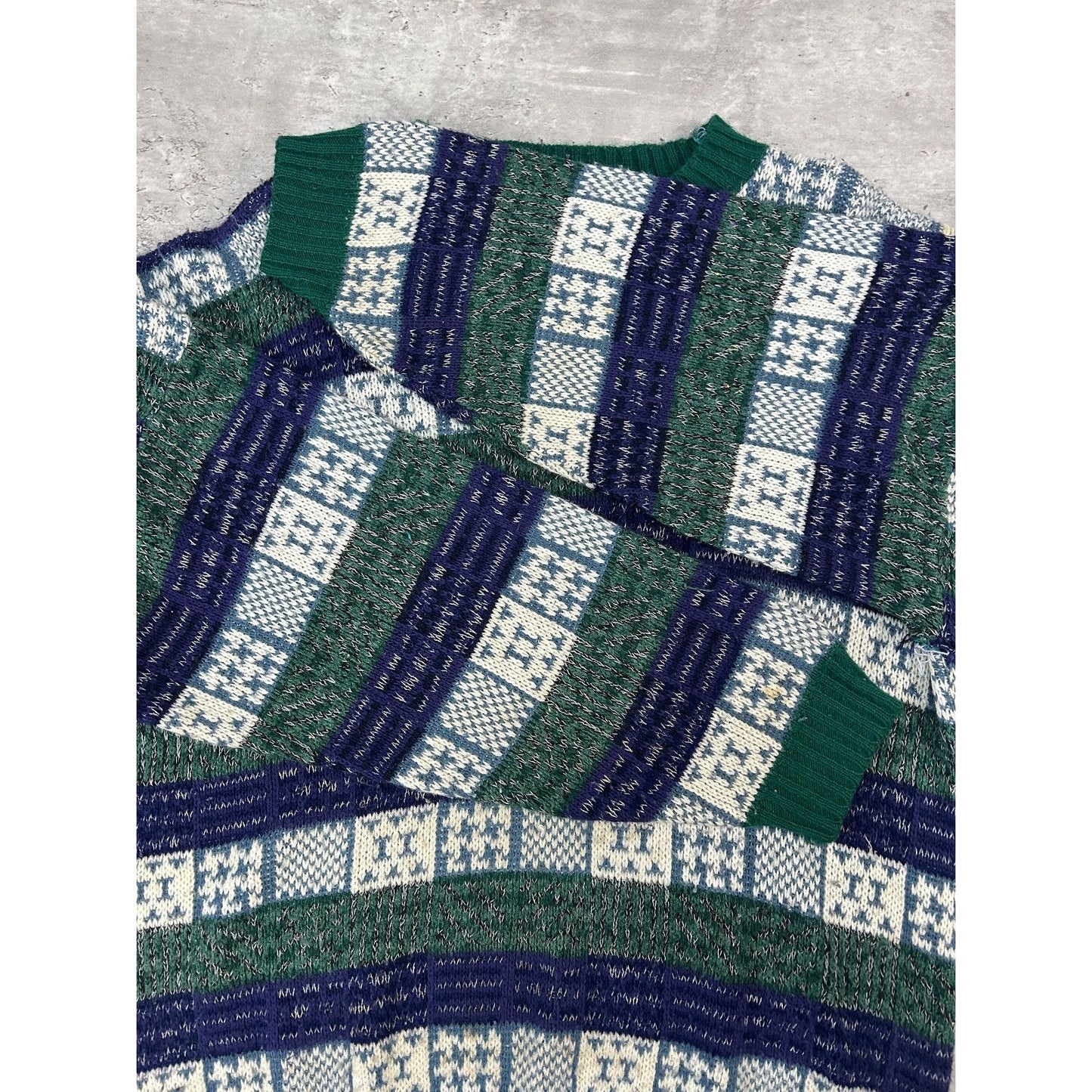 Vintage 90s Checkered Striped Print Pullover Knit Sweater Size Large