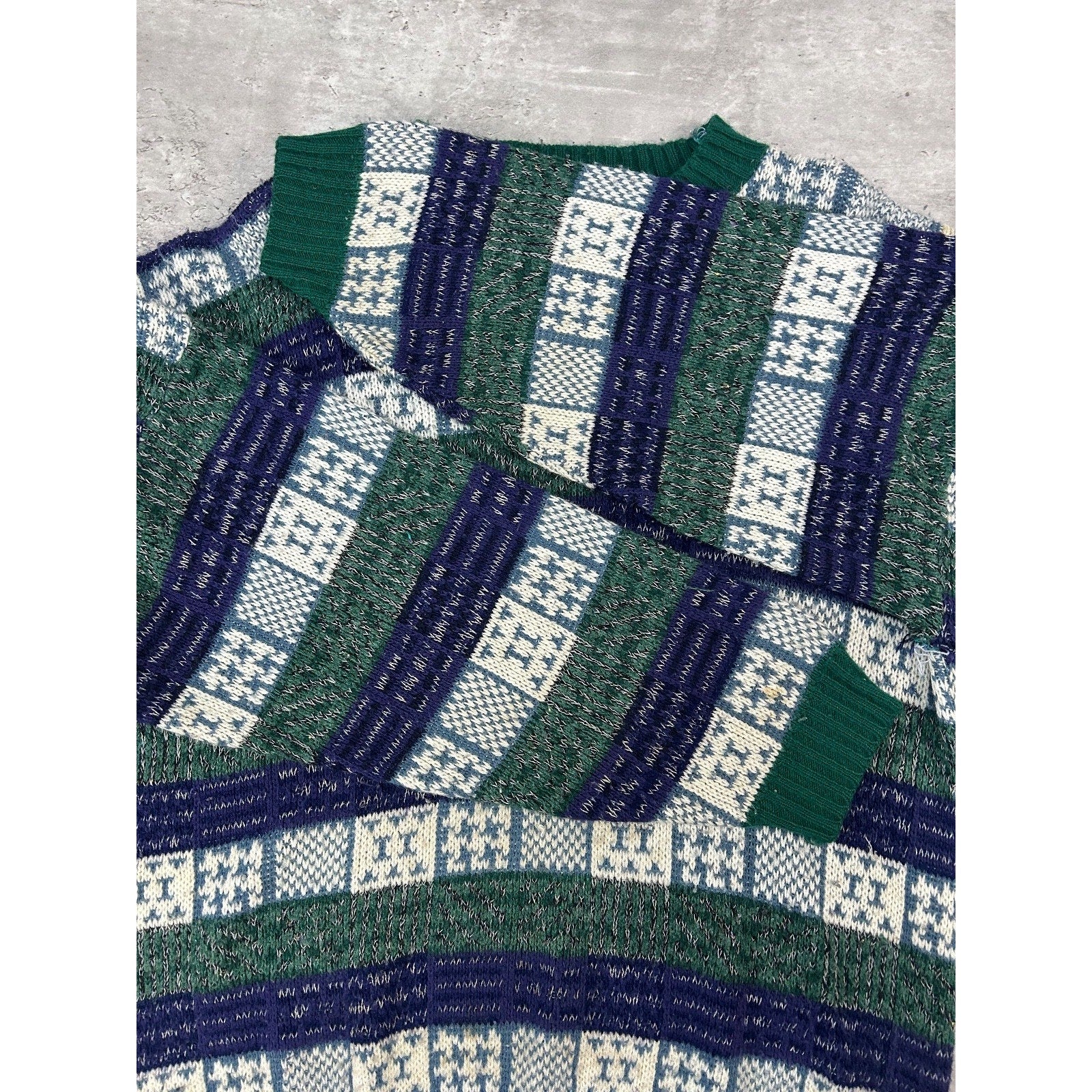 Vintage 90s Checkered Striped Print Pullover Knit Sweater Size Large