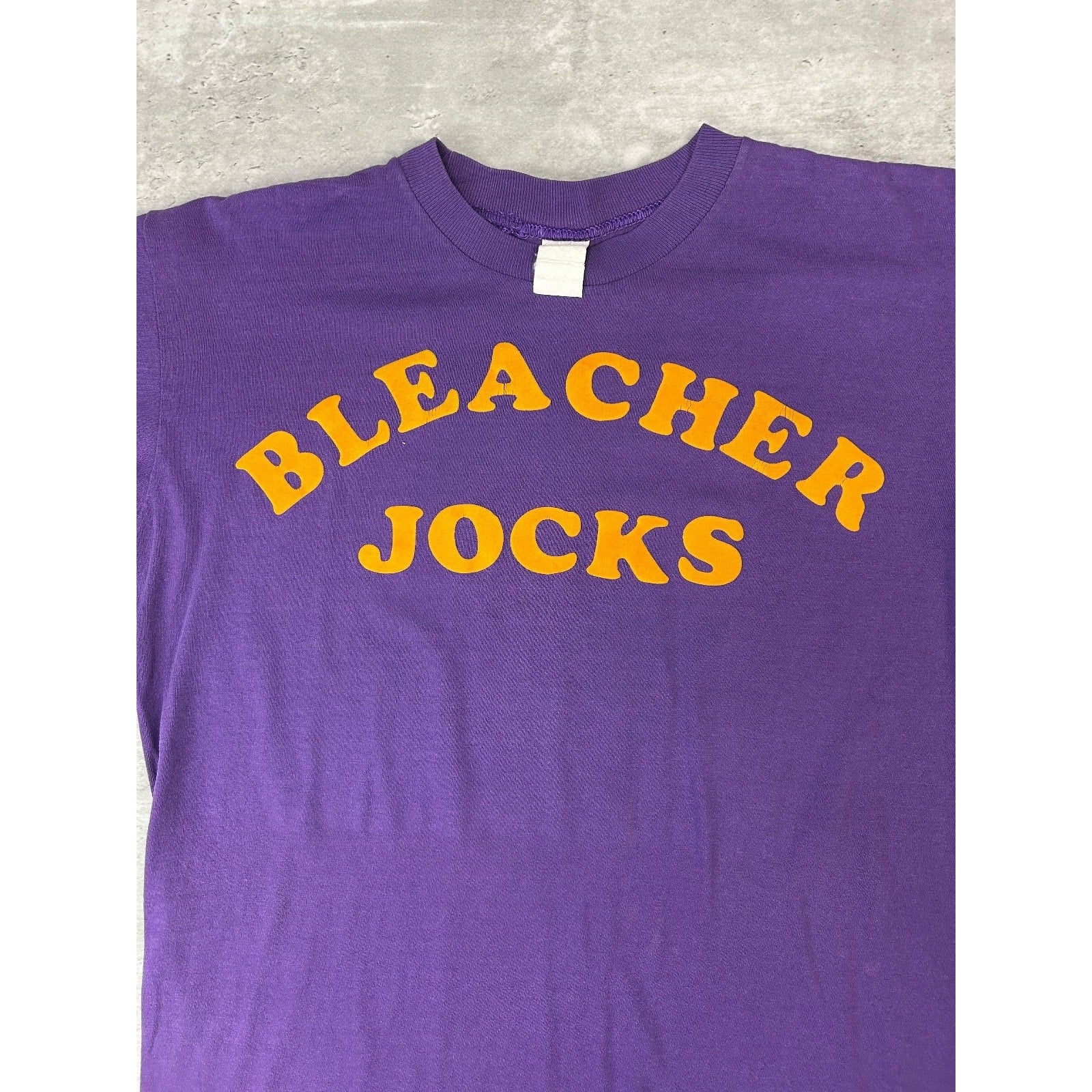 Vintage 80s Bleacher Jocks Felt Spellout Graphic T-Shirt Size Medium Purple
