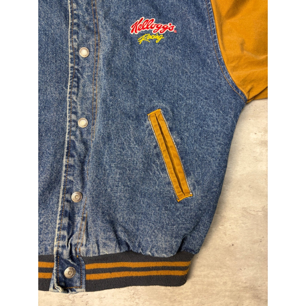 Vintage Kellogg's Racing Team Embroidered Logo Denim Varsity Jacket Size Small
