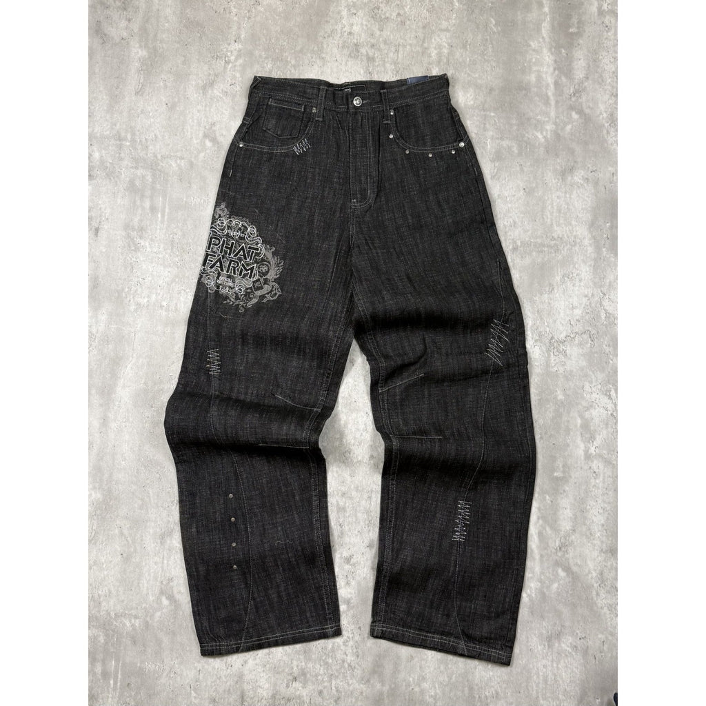 Vintage Y2K Womens Phat Farm Embroidered Graphic Black Wash Denim Pants Sz 29x31