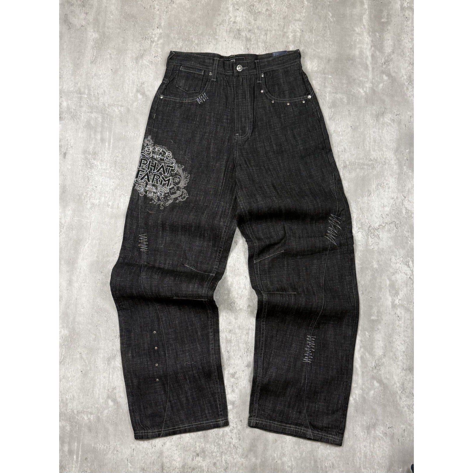 Vintage Y2K Womens Phat Farm Embroidered Graphic Black Wash Denim Pants Sz 29x31