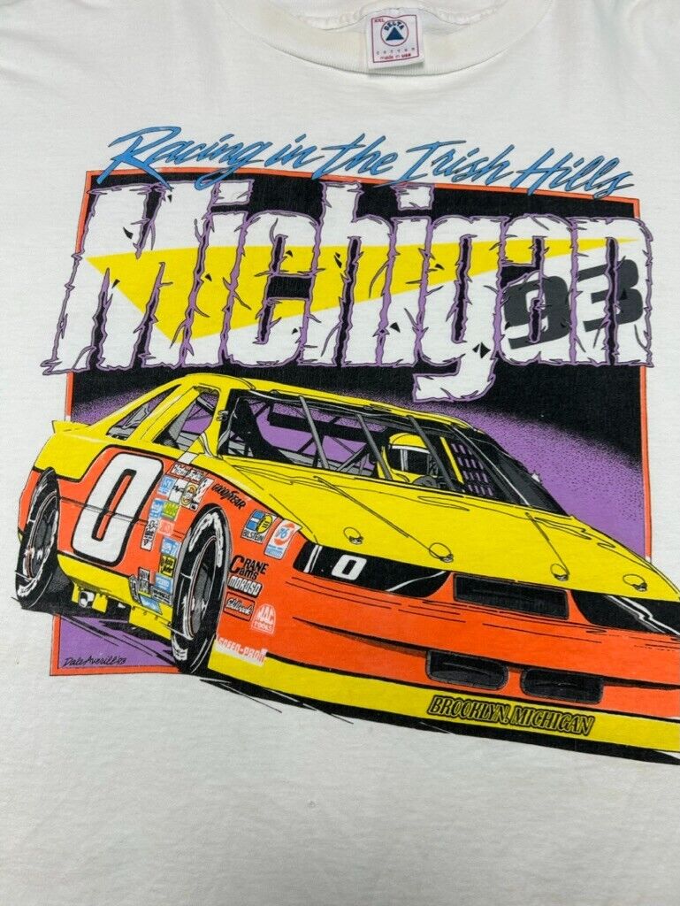 Vintage 90s Racing In The Irish Hills Michigan Racecar Graphic T-Shirt Size 2XL