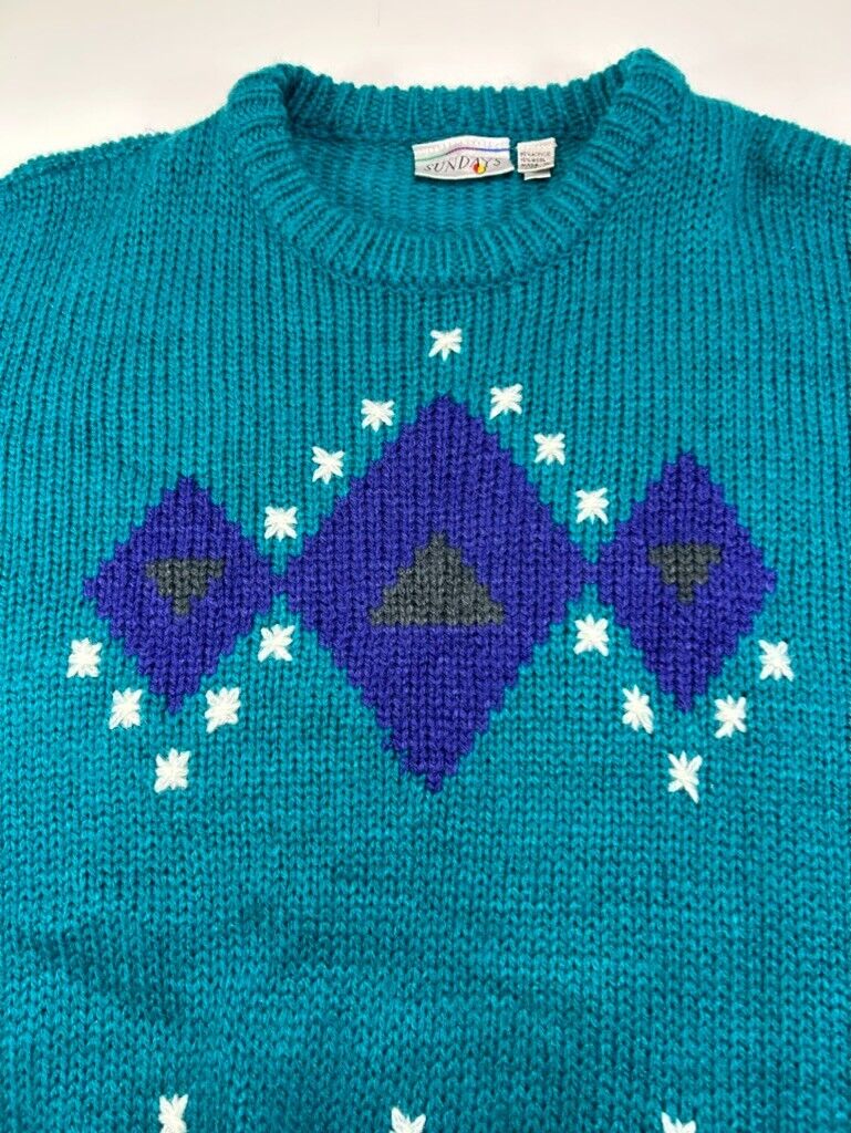 Vintage 90s Sundays Geometric Print Ribbed Knit Sweater Size Large