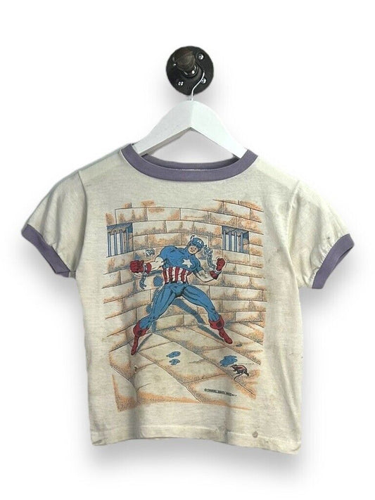 Vintage 1977 Captain America Marvel Super Hero Graphic Ringer T-Shirt Size XS