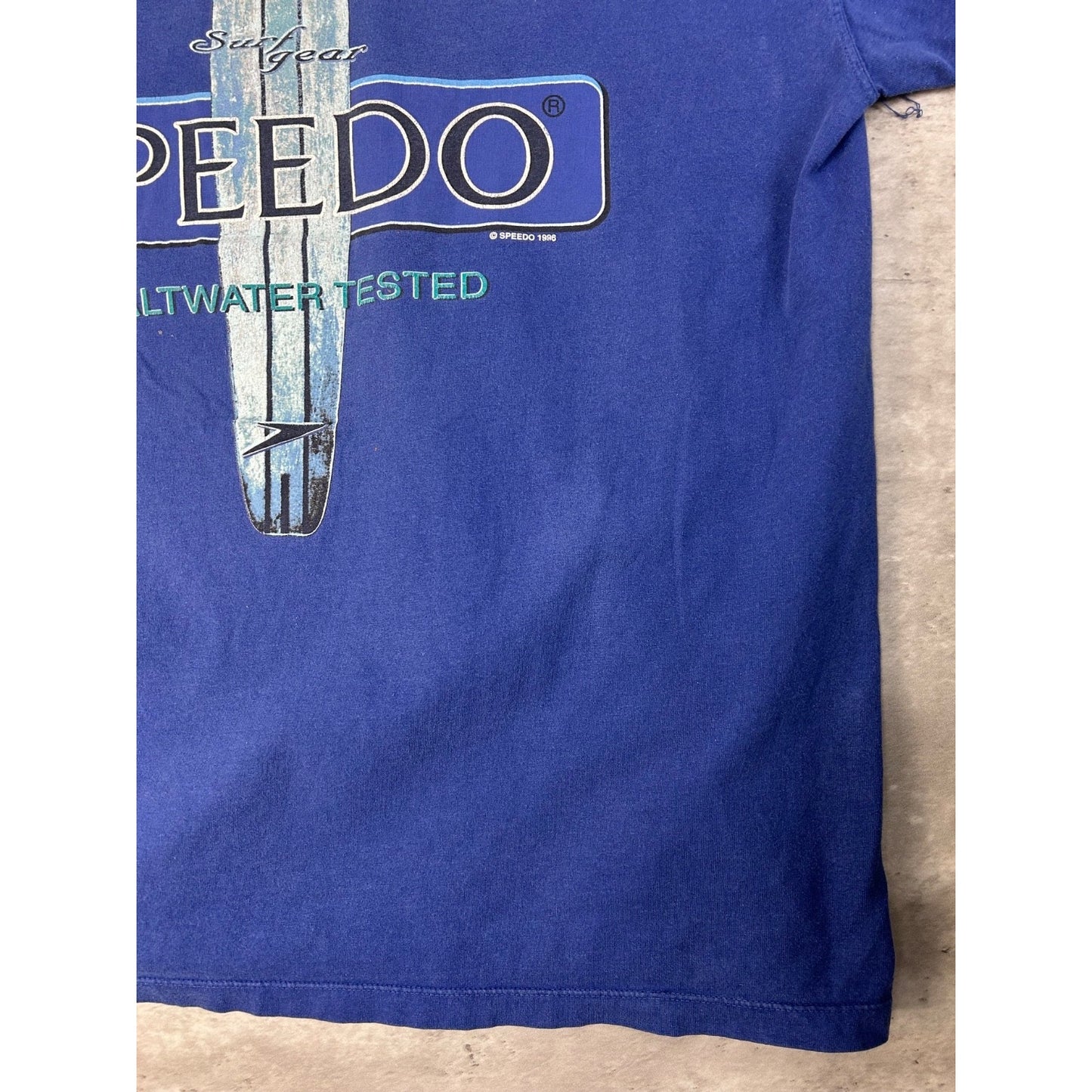 Vintage 1996 Speedo Saltwater Tested Surfing Graphic T-Shirt Size Large