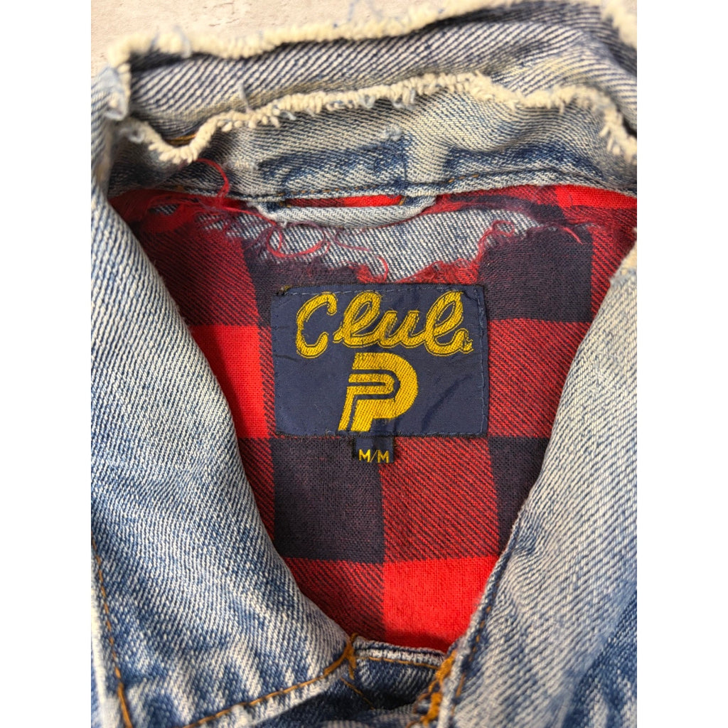 Vintage 90s Club P Plaid Lined Medium Wash Denim Trucker Jacket Size Medium