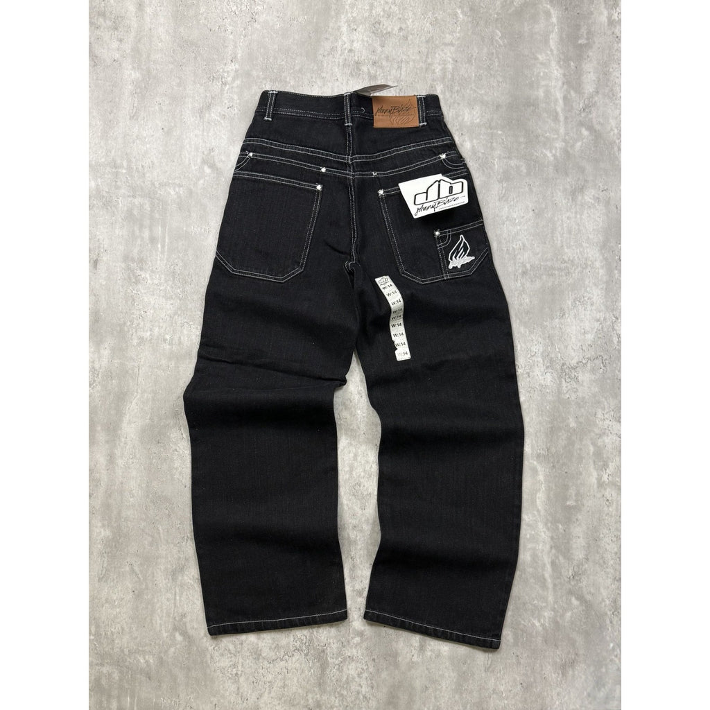 Y2K Womens Johnny Blaze Embroidered Spellout Black Wash Denim Pants 28x29