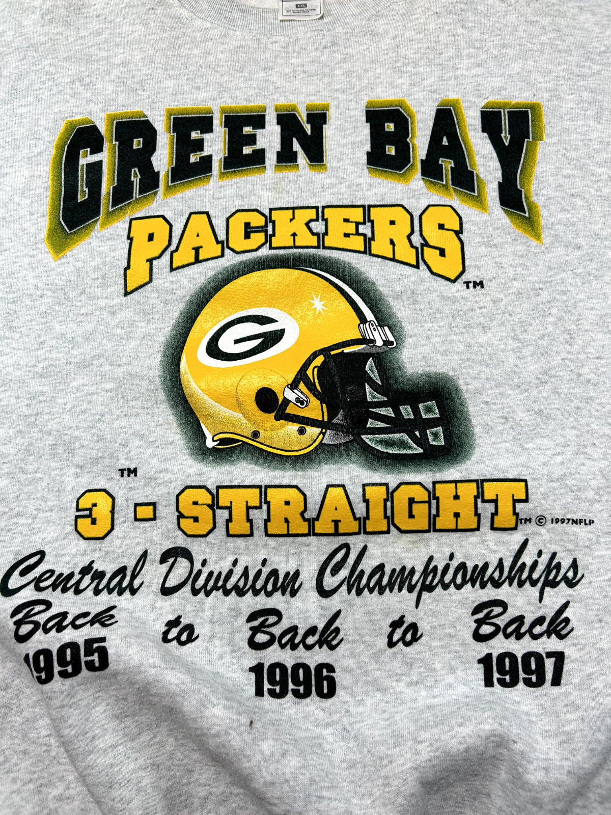 Vtg 1997 Green Bay Packers NFL Three Straight Champs Graphic Sweatshirt Sz 2XL