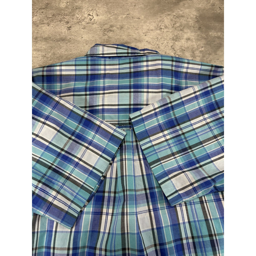 Vintage Chaps Plaid Print Short Sleeve Reworked Cropped Button Up Shirt Sz Large