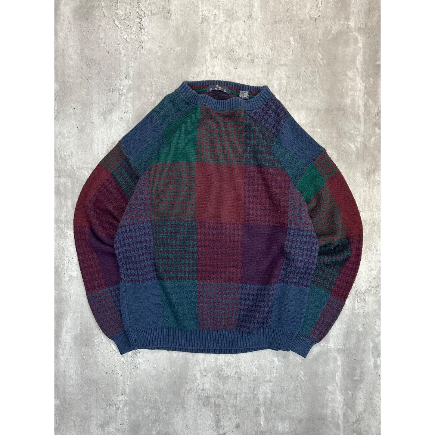Vintage Enro Plaid Pattern Multicolour Knit Sweater Size LT