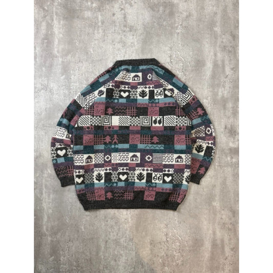 Vintage Paris Sports Club Abstract Patchwork Knit Sweater Size Large