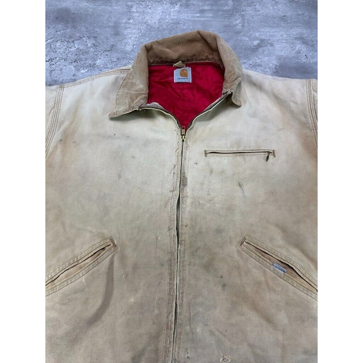 Vintage 80s Carhartt Quilted Lined Canvas Workwear Detroit Jacket Size XL Beige