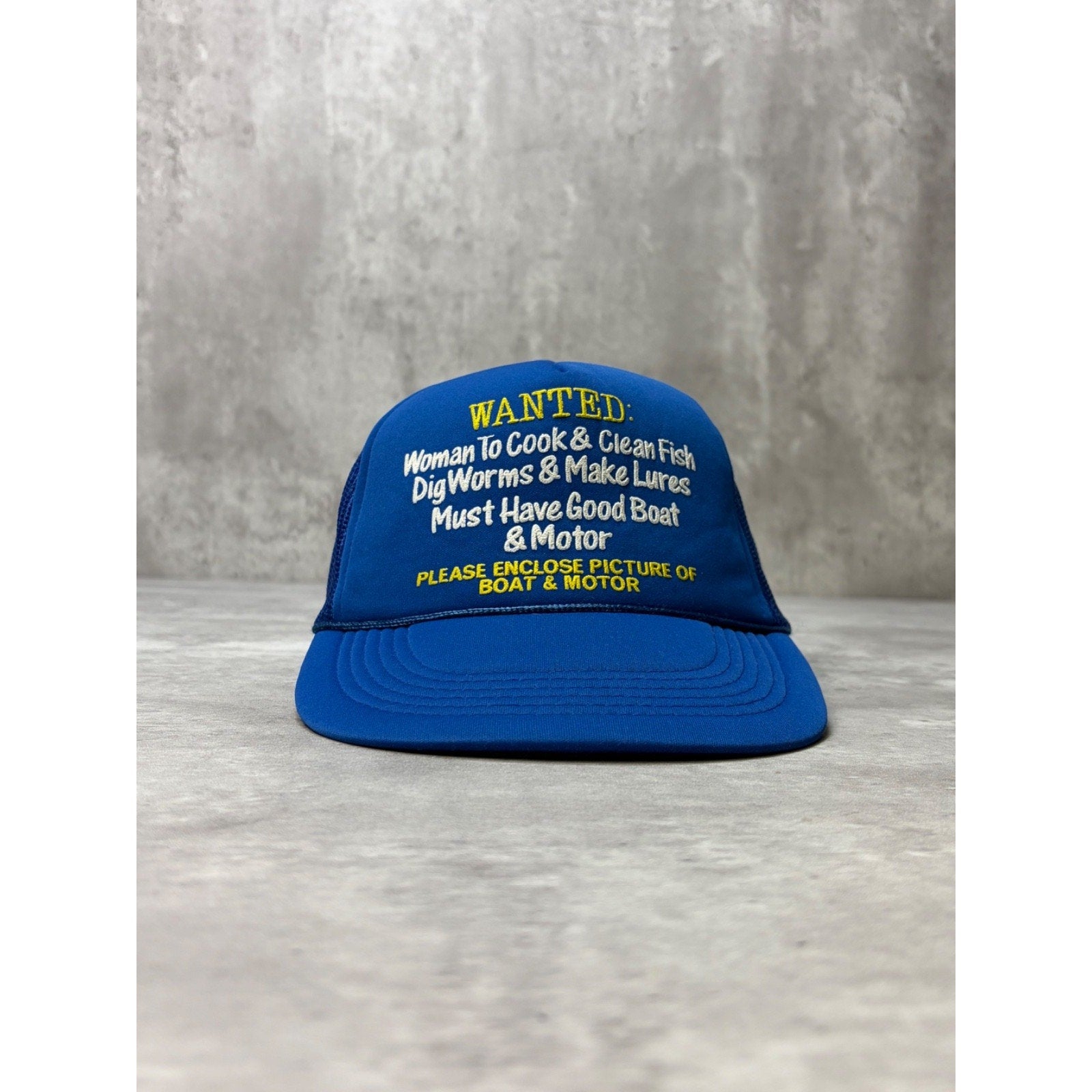 Vintage 80s Wanted Woman To Cock And Clean Fish Trucker Snapback Hat OSFA