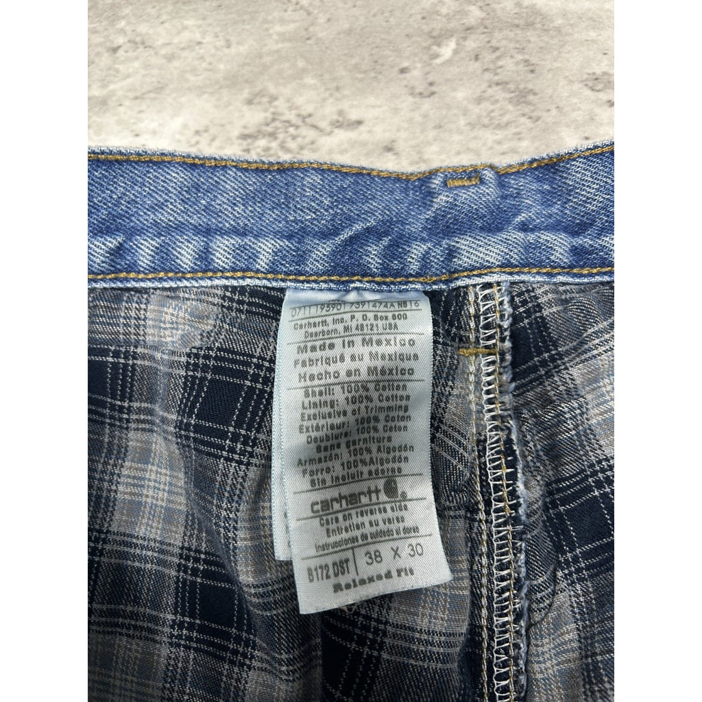 Vintage Carhartt Relaxed Fit Plaid Lined Medium Wash Workwear Denim Pants Sz 37W