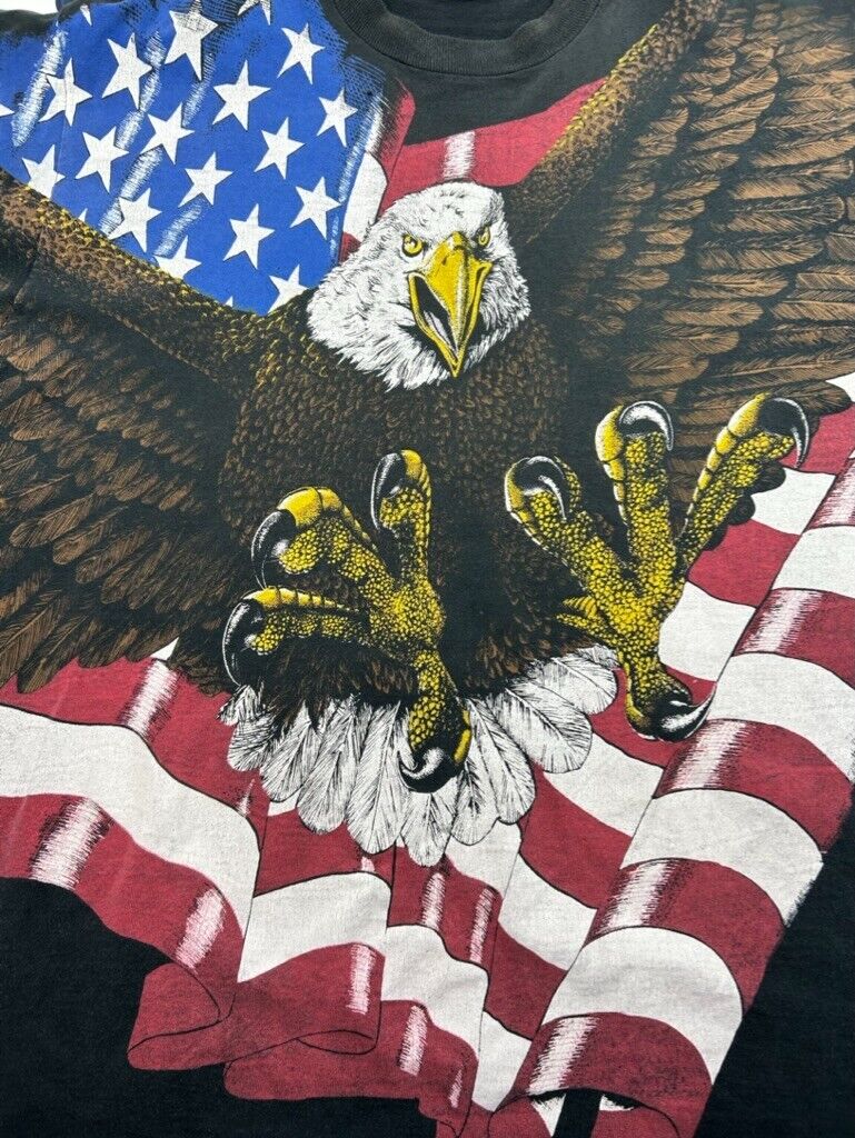 Vintage 90s Bald Eagle American Flag All Over Print Graphic T-Shirt Size XL