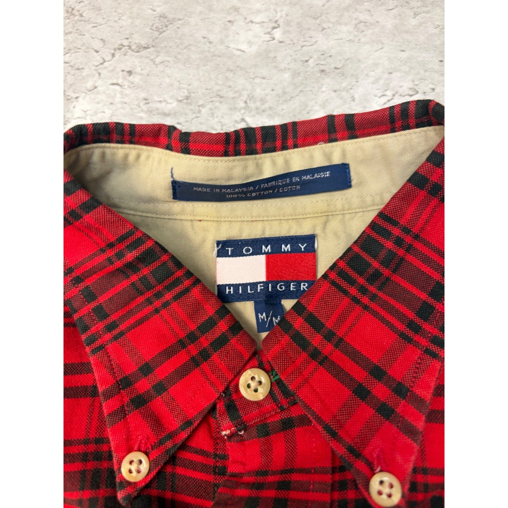 Vintage Tommy Hilfiger Embroidered Crest Plaid Cropped Button Up Shirt Sz Medium