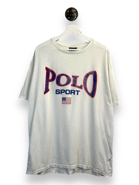 Vintage 90s Polo Sport Flag Graphic Spellout T-Shirt Size Large