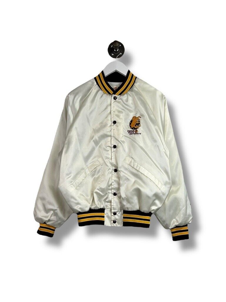 Vintage 80s Ferris State Bulldogs NCAA Satin Bomber Jacket Size Medium White