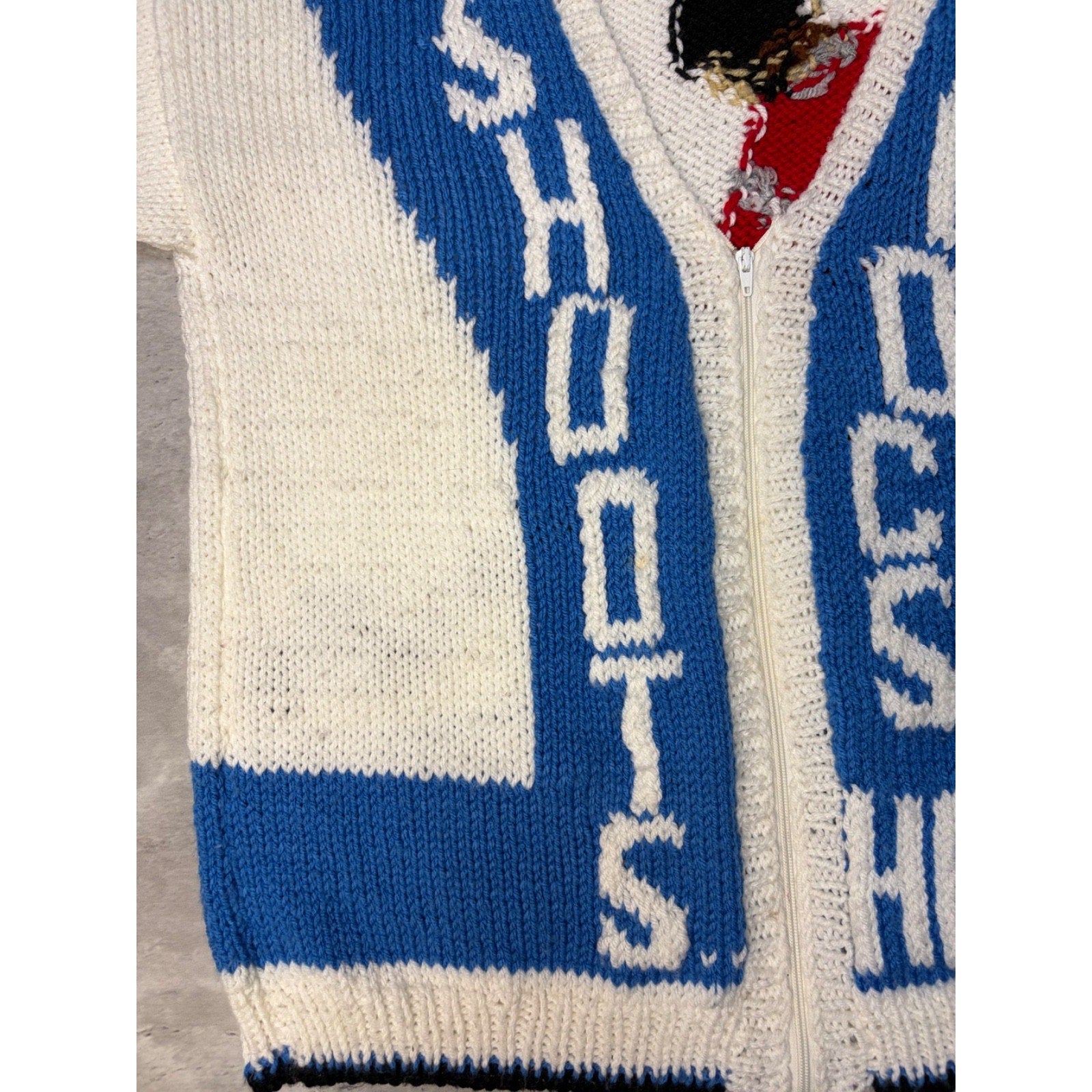 1970s He Shoots He Scores Hockey Graphic Knit Cardigan Sweater Size Medium