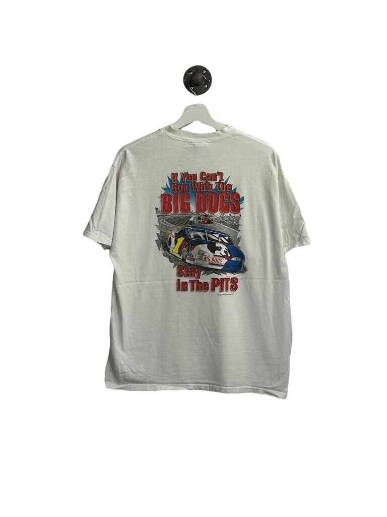 Vintage 1999 Big Dogs Stay In The Pits Racing Graphic T-Shirt Size XL White 90s