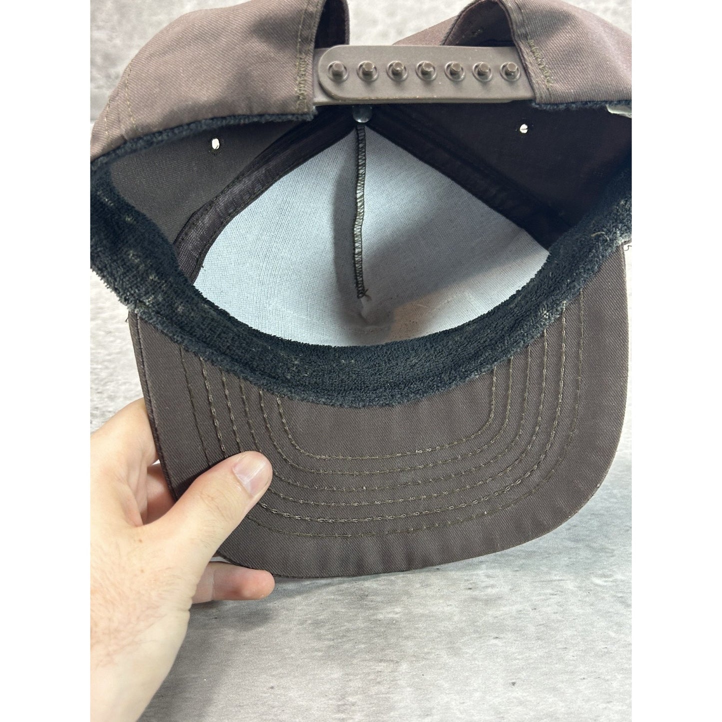 Vintage 80s/90s Stroehmann Embroidered Spellout Patch Snapback Hat OSFA Brown