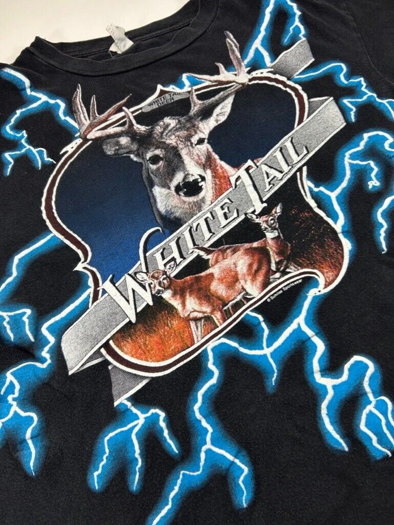 Vintage American Thunder White Tail Deer Lightning Graphic T-Shirt Size XL