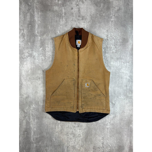 Vintage Carhartt Insulated Canvas Workwear Full Zip Vest Size Small Beige