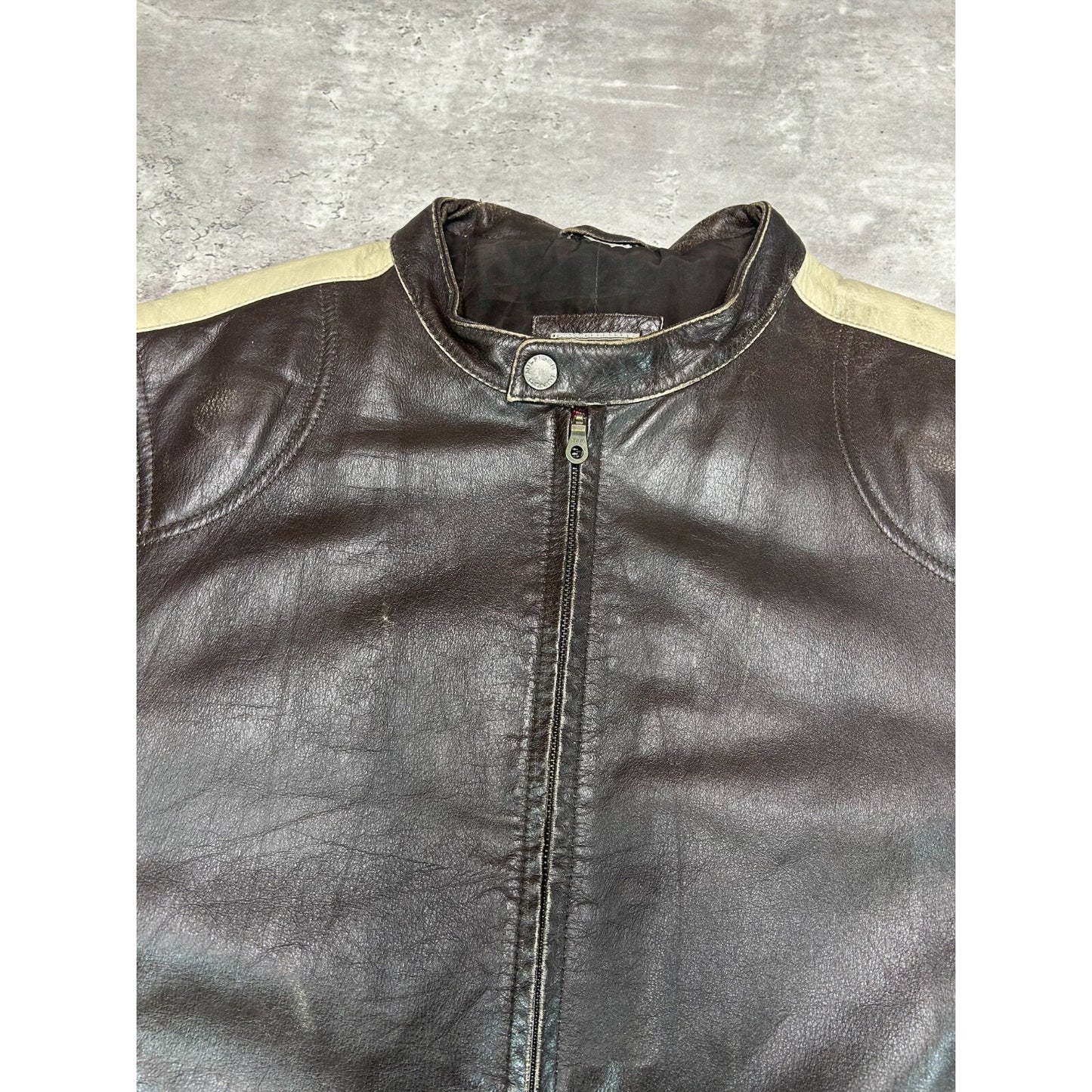 Vintage Tommy Hilfiger Denim Full Zip Cafe Racer Leather Jacket Size XL