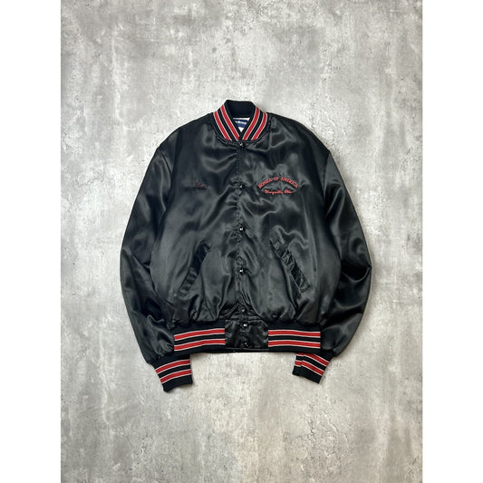 Vintage 80s Honda Of America Embroidered Satin Bomber Jacket Size Large Black